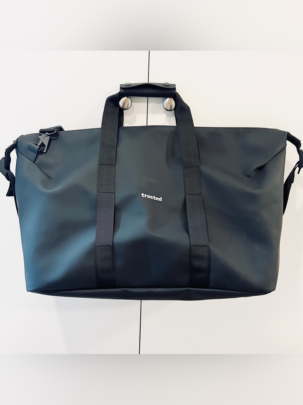 RAINS Black Hilo Weekend Large Travel Bag “Trusted” Embroidered